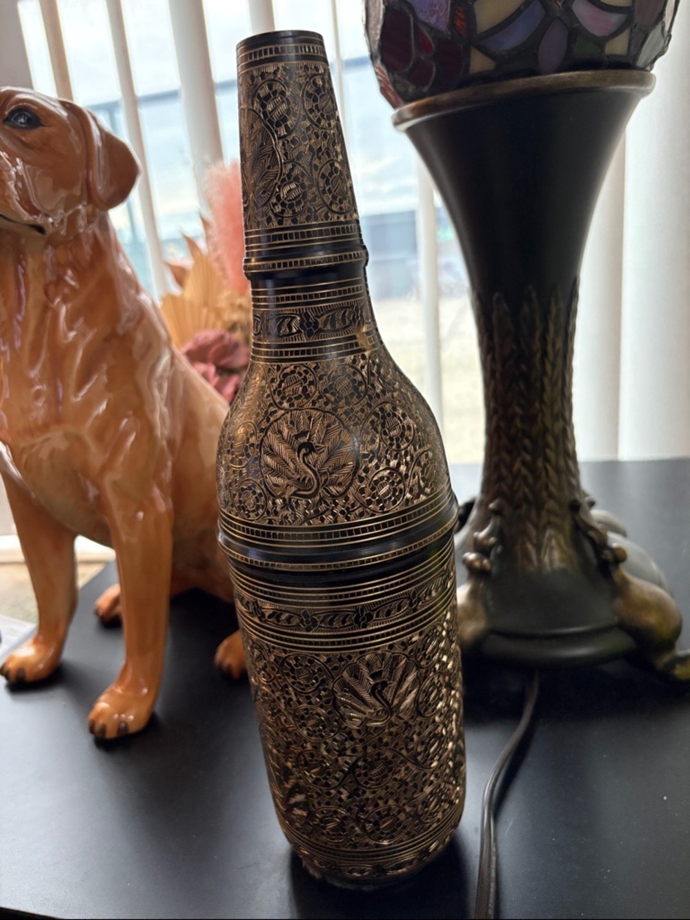 Vintage Ornate Hand Crafted Brass Etched Peacock And Floral Water Or Wine Bottle